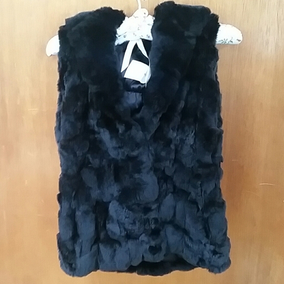 Yves salomon black rabbit fur sleeveless hooded vest /gilet